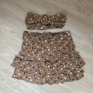 Missguided brown floral tube top ruffle skirt two piece set US 2